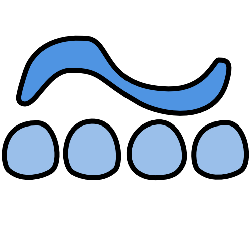 4 blue circular blobs with a darker wavy shape above them. 